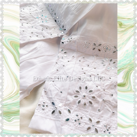 New White embroidered ankle pants with hand cut mirror work with drawstring - Picture 8 of 10